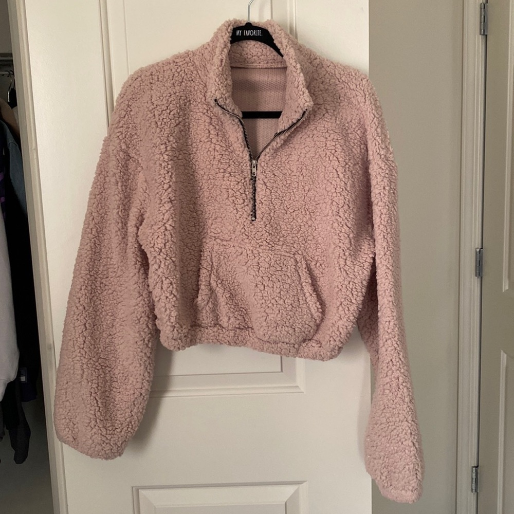 Tan Shurpa fuzzy cropped quarter zip